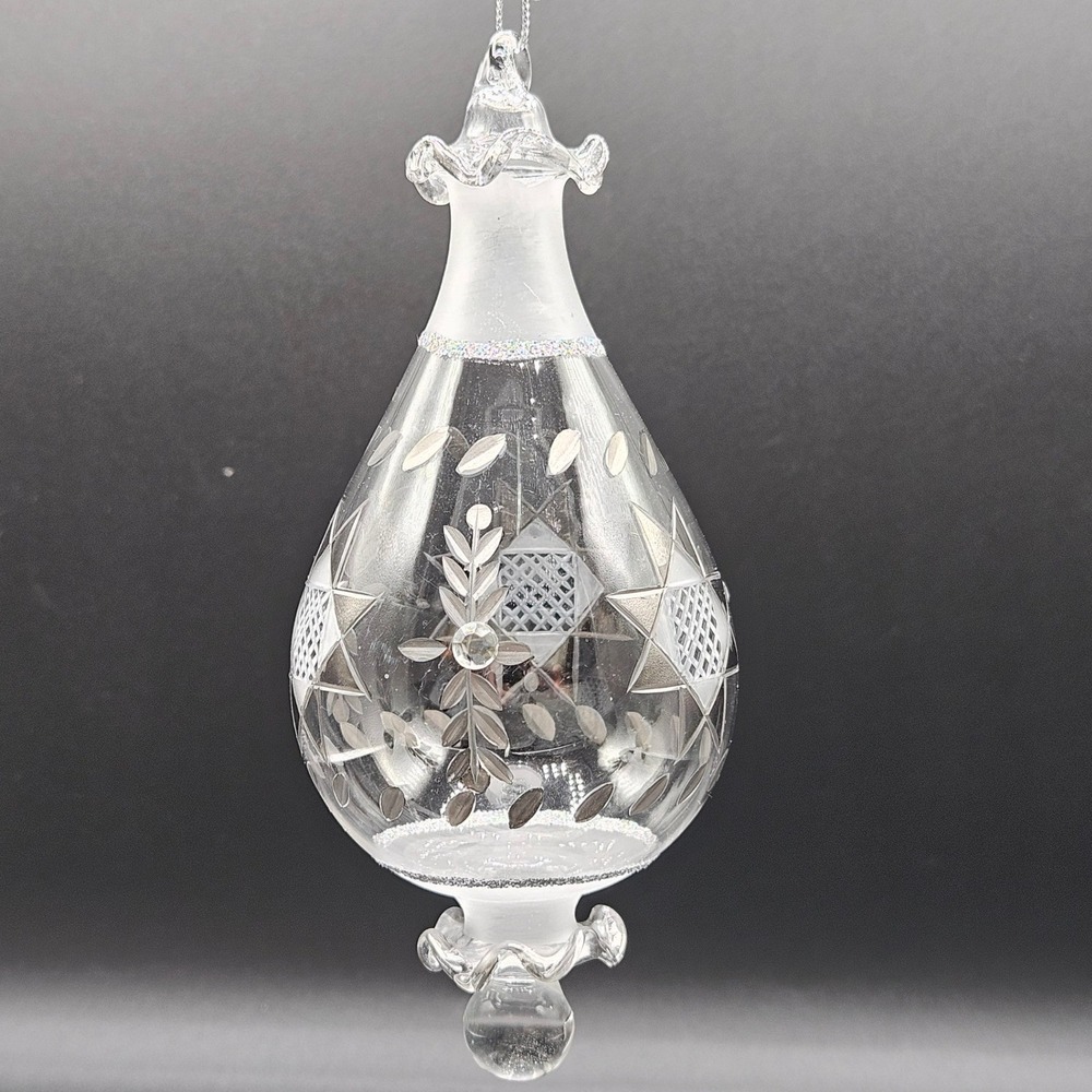 Clear Etched Glass Teardrop Ornament Star Glitter 5.5 Inch